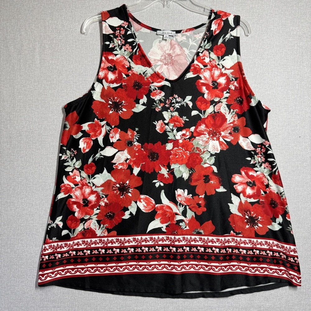 White Birch Tank Top Womens 2X Black Red Floral V Neck Tunic Stretch Jersey